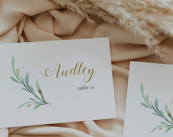 Greenery Wedding Table Place Card Template - Flat & Folded Name Place Cards in 4x2" and 3.5x2.5" DIY Place Cards, Corjl Template, FREE Demo