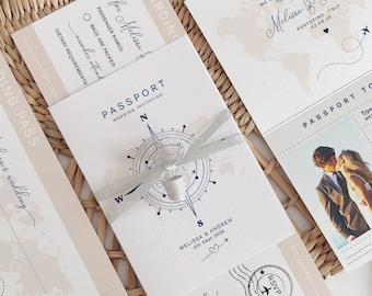 Passport Wedding Invitation Set, Destination Wedding, Boarding Pass Invitation Suite, Printable Templates, Corjl Templates, FREE Demo | 83