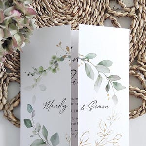 Folded Wedding Invitations, Templates for Greenery Gatefold Invitations, Leaf & Gold, Printable Invitations, Canva Template | 80G