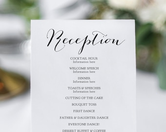 Reception Program, Printable DIY Wedding Reception Card in 10 sizes, Canva Template | Sweet Bom