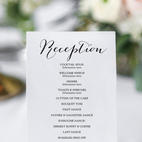 Reception Program, Printable DIY Wedding Reception Card in 10 sizes, Canva Template | Sweet Bom