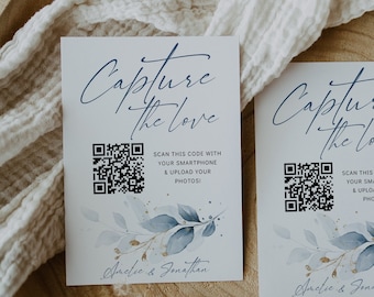 Dusty Blue Capture the Love Sign, QR Code Wedding Signs, Printable Share the Love QR Code Signs, Canva Templates | 80 Dusty Blue