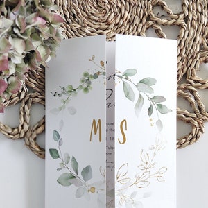 Hochzeitseinladung Vorlage Download, Gefaltete Hochzeitseinladungen, Falteinladungen, Blatt & Gold, Canva Vorlagen | 80G