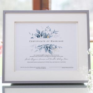 Dusty Blue Heiratsurkunde, Blaue Heiratsurkunde Vorlage, Zertifikat Vorlage, Hochzeitsandenken, 6 Größen, Canva Templates