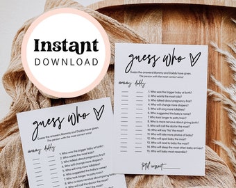 May include: Two printable "Guess Who" game cards for a baby shower. The cards are white with black text and a heart symbol. The text on the cards asks guests to guess who will do certain things related to the new baby, such as who will change more diapers, who will sing more lullabies, and who will spoil the baby the most.
