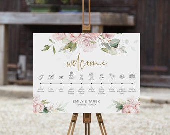 Pink Roses Wedding Timeline Sign, Order of the Day, Wedding Welcome Timeline Sign, Pink Rose Wedding Theme, Corjl Template, FREE Demo | 18P
