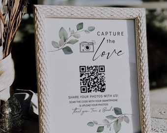 Leaf & Gold Capture the Love QR Code, Wedding Photo Signs, Share the Love, Wedding QR Code Signs, Canva Templates | 80G