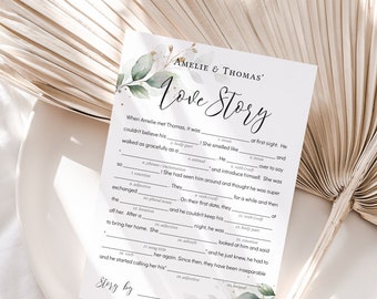 Leaf & Gold - Love Story Game, Printable Happy Couple's Love Story, Fill in the Blanks, Bridal Shower Game, Corjl Templates, FREE Demo