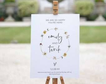 Wildflower Welcome Sign, Wildflower Wedding Theme, We Are So Happy You're Here, Printable Wedding Signs, Corjl Template, FREE Demo | 94