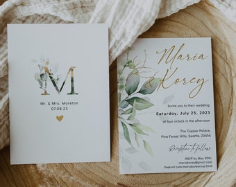 Greenery Wedding Invitations with Initials or Monogram, Printable Double Sided Wedding Invitation Templates, Corjl Template, FREE Demo | 80G