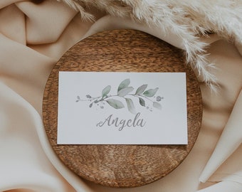 Silver & Leaf - Flat and Folded Name Place Card Templates, 3.5x2", Printable Greenery Name Cards, Corjl Templates, FREE Demo | 87