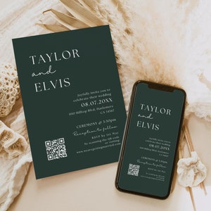 Dunkelgrüne Hochzeitseinladungen, druckbare und elektronische Hochzeitseinladungen, Jägergrün, Waldgrün, Canva Vorlagen | 111DG
