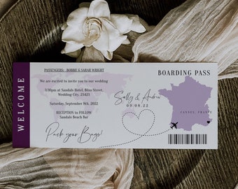 Destination - France Boarding Pass Invitation Template, Printable Destination Wedding Invitation, Pack your Bags, Corjl Templates, FREE Demo