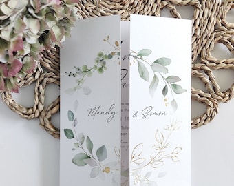 Folded Wedding Invitations, Templates for Greenery Gatefold Invitations, Leaf & Gold, Printable Invitations, Canva Template | 80G