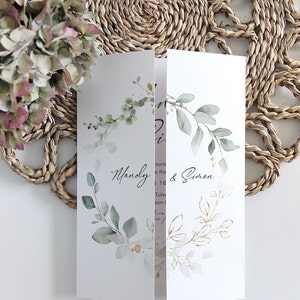 Gefaltete Hochzeitseinladungen, Vorlagen für Greenery Torfalteinladungen Blatt & Gold, druckbare Einladungen, Canva Vorlage | 80G