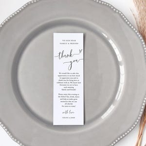 Nota de agradecimento de mesa, nota de guardanapo de agradecimento de casamento minimalista, nota de cartão de lugar, agradecimento de configuração de lugar de casamento, modelos Canva | 68