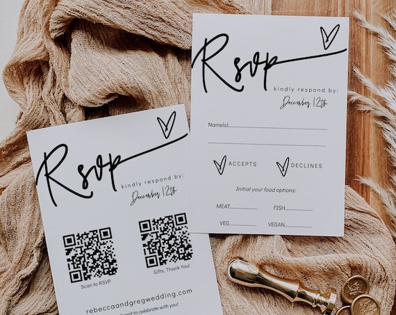 QR Code Rsvp Card, Wedding Rsvp QR Codes, Scan to Rsvp Online, Front and Back, Printable Cards in 3 Sizes, Corjl Template, FREE Demo | 88