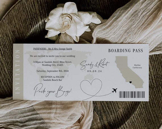 Destination - California Boarding Pass Wedding Invitation, Printable Wedding Invitation Destination Wedding, QR, Corjl Templates, FREE Demo