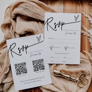 RSVP-kaart met QR-code, QR-codes voor RSVP-bruiloft, online scannen naar RSVP, voor- en achterkant, afdrukbare kaarten in 3 formaten, Corjl-sjabloon, GRATIS demo | 88