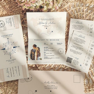 Boarding Pass Wedding Invitation Set, Destination Wedding, Passport Invitation Suite, Printable Templates, Corjl Templates, FREE Demo 83 image 1