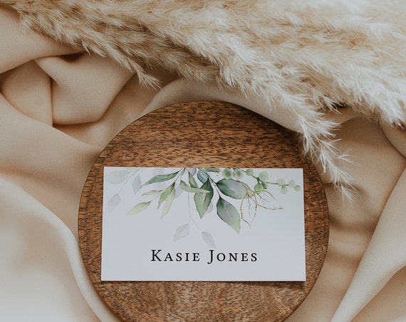 Leaf & Gold - Flat Name Place Card Templates, Pretty Name Cards, 3.5x2", Printable Greenery Name Cards, Corjl Templates, FREE Demo