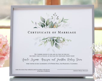 Leaf & Gold - Certificate of Marriage, Greenery Marriage Certificate Template, Wedding Keepsake, 4 sizes, Corjl Template, FREE Demo