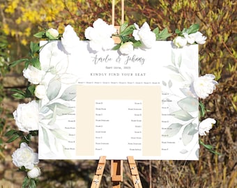 Greenery U Shaped Seating Plan, Horseshoe Seating Plan, Printable Table Plan Template, Leaf & Gold, Corjl Template, FREE Demo