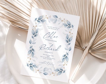 Dusty Blue Wedding Invitations, Front & Back, Printable Dusty Blue Invitations, Wedding Invites, Corjl Template, FREE Demo | 80 Dusty Blue