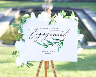 Engagement Party Welcome Sign, Printable Engagement Welcome Sign 7 sizes included "Wedding Greenery" Corjl Template, FREE Demo