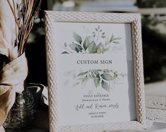Leaf & Gold - Custom Sign, Printable Wedding Signs with your Custom Words, Custom Sign Templates, 3 Sizes, Corjl Templates, FREE Demo