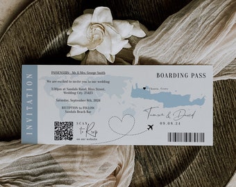 Destination - Crete Boarding Pass Wedding Invitation, Greek Wedding Invitation Template Destination Wedding, Corjl Templates, FREE Demo