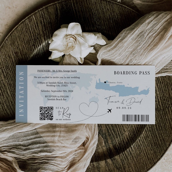 Destination - Crete Boarding Pass Wedding Invitation, Greek Wedding Invitation Template Destination Wedding, Corjl Templates, FREE Demo