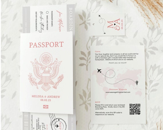 US Passport Wedding Invitation Template Suite, Plane Ticket Invitation, Printable Passport Invitation Set, Corjl Templates, FREE Demo | 08