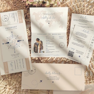 Conjunto de invitaciones de boda con tarjeta de embarque, bodas de destino, conjunto de invitaciones para pasaporte, plantillas imprimibles, plantillas de Canva / 83