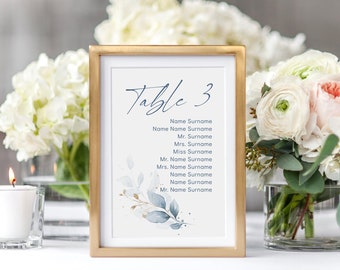 Wedding Table Seating Cards, Printable Wedding Seating Cards, Templates for Table Plan, Dusty Blue, Canva Template | 80 Dusty Blue