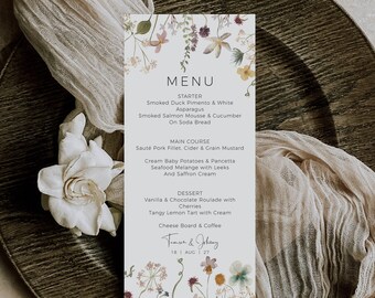 Wildflower Menu Template, Wedding Menu with Flowers, Printable Floral Menu, Wildflower Wedding Theme, Corjl Template, FREE Demo | 94