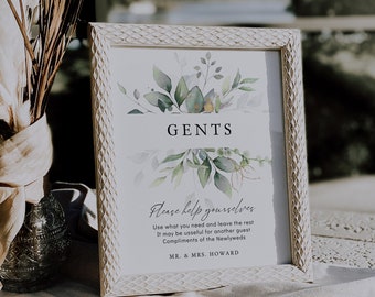 Greenery Wedding Bathroom Signs, Ladies and Gents Printable Wedding Basket Signs, Canva Templates | 80G