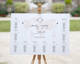 World Map Seating Plan Templates, Destination Wedding Table Plan, Compass, Plane, World, Seating Chart, Canva Templates | Destination World