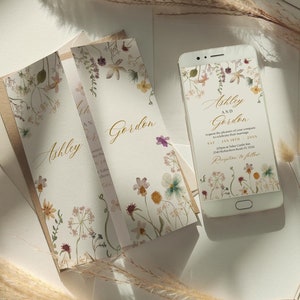 Wildblumen Hochzeitseinladung und elektronische Einladungen, Blumen Einladungen, Vorlagen für Gatefold Hochzeitseinladungen, Canva Vorlagen | 94