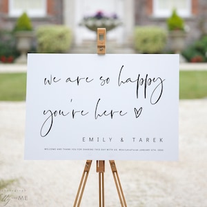 Nos alegra mucho que estés aquí, letreros de bienvenida para bodas en 9 tamaños, decoración de bodas, minimalista moderno, plantilla de Canva / 86