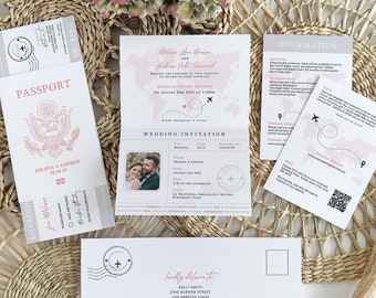 US Passport Wedding Invitation Template Suite, Plane Ticket Invitation, Printable Passport Invitation Set, Corjl Templates, FREE Demo | 08