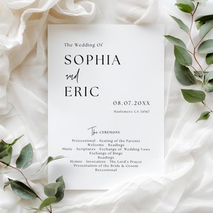 May include: A wedding ceremony program with the names Sophia and Eric, the date 08.07.20XX, and the location Haslemere CA 34567. The program lists the order of events for the ceremony, including the processional, welcome, readings, exchange of vows, exchange of rings, hymns, invocation, the Lord's Prayer, presentation of the bride and groom, and the recessional.