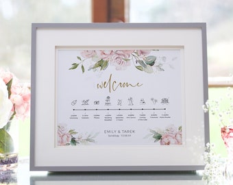 Pink Rose Timeline Sign, Printable Order of the Day, Pink Wedding Welcome Sign, Pink Rose Wedding Theme, Corjl Template, FREE Demo | 18P