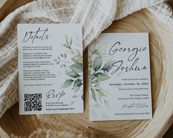 Greenery Wedding Invitations + Details Rsvp Cards, with QR Code, Scan to RSVP, Front / Back or 2 Cards, Canva Templates | 80G