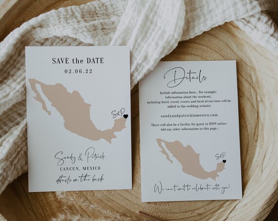 Destination - Mexico Save the Date + Details on the Back, Printable Mexico Destination Wedding Save the Dates, Corjl Templates, FREE Demo