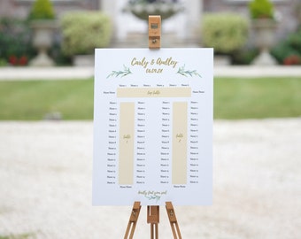 Banquet Table Seating Plan, Horseshoe Shape, 3 tables: Top table + 2 banquets, "Greenery", 8 sizes, Canva Templates