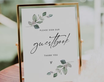 Greenery Guestbook Sign, Wedding Guest Book Template, Printable Signs, Sign for Guest Book, Canva Templates | 80G