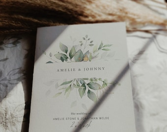 Leaf & Gold - Folded Wedding Program Booklets, Printable Greenery Wedding Order of Service Booklets, Canva Templates | 80G