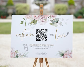 Pink Roses Capture the Love QR Code, Wedding Photo Signs, Share the Love, Wedding QR Code, Scan to Upload, Corjl Template, FREE Demo | 18P