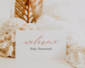 LucyRose - Rose Gold Name Card Template with Welcome, Rose Gold Printable Table Name Cards, Rose Gold EFFECT, Corjl Template, FREE Demo